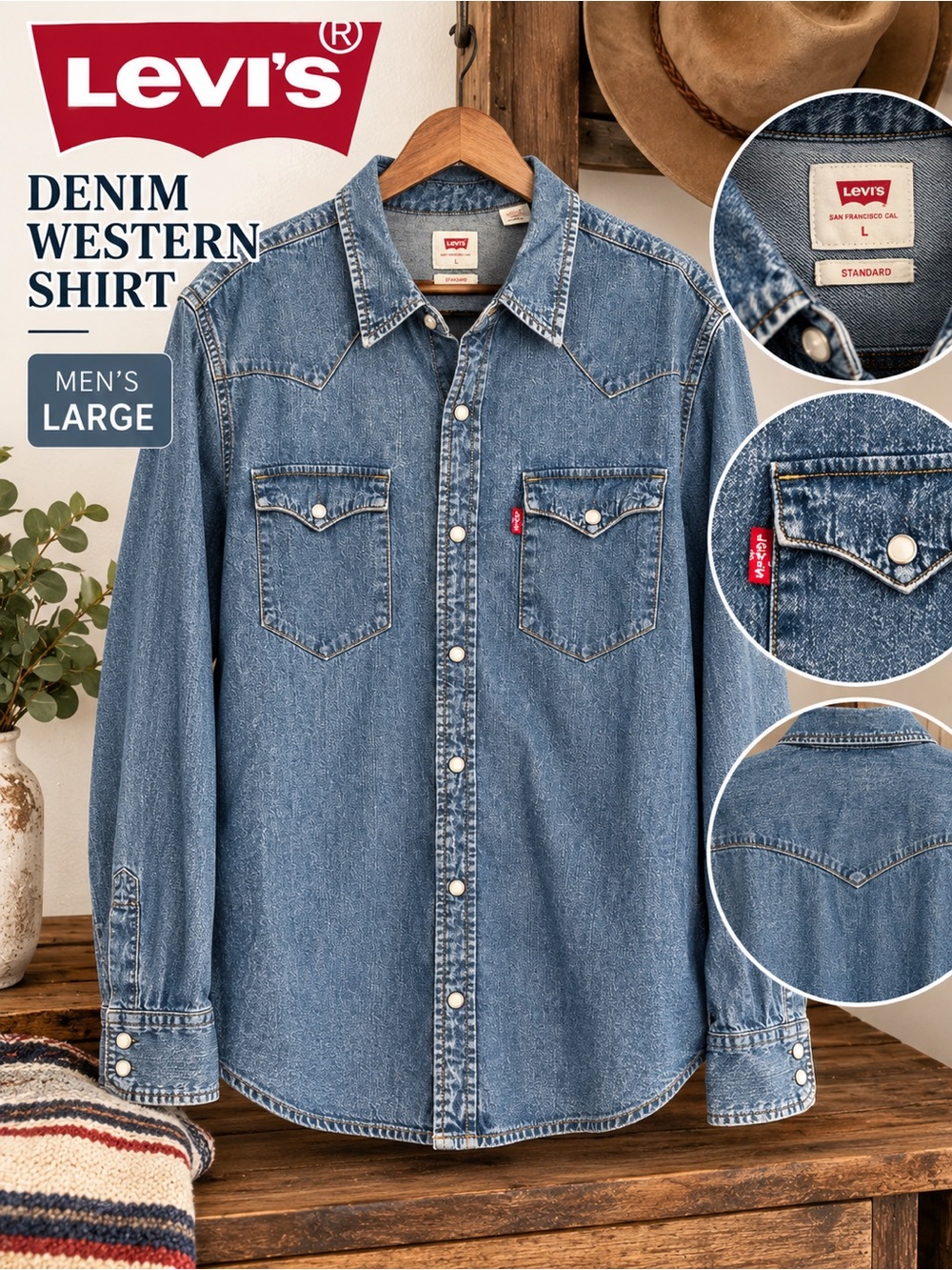 Levi's Standard Men’s L Denim Western Pearl Snap Shirt Red Tab